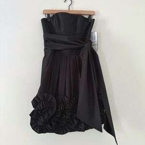 Night Way Dress Size 4 Black Strapless Rosette Hem Cocktail Party Mini Sash LBD
